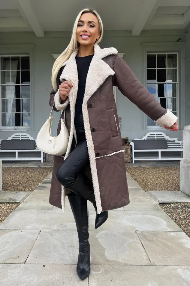 AX Paris Brown Longline Faux Shearling Coat Coats and Jackets