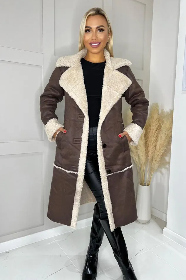 AX Paris Brown Longline Faux Shearling Coat Coats and Jackets