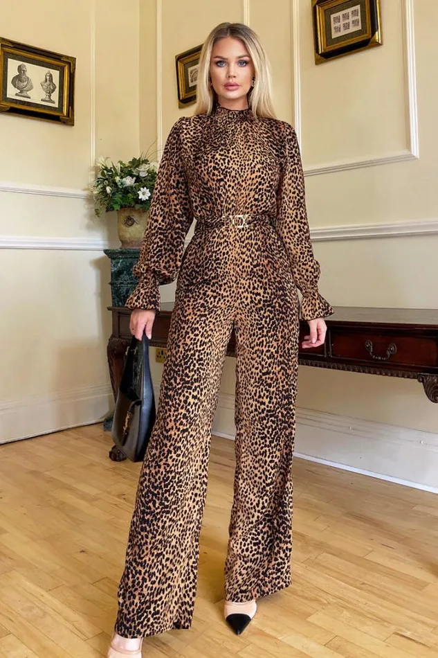 AX Paris Camel Animal Belted Frill Cuff Sleeve Jumpsuit Jumpsuits And Playsuits