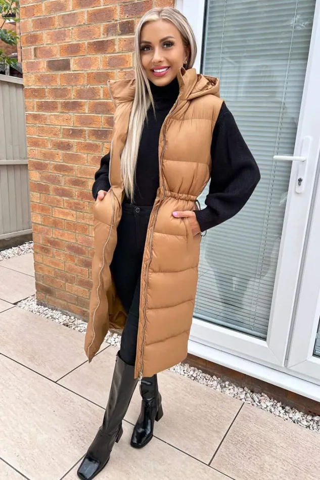 AX Paris Camel Drawstring Waist Puffer Gilet Coats and Jackets