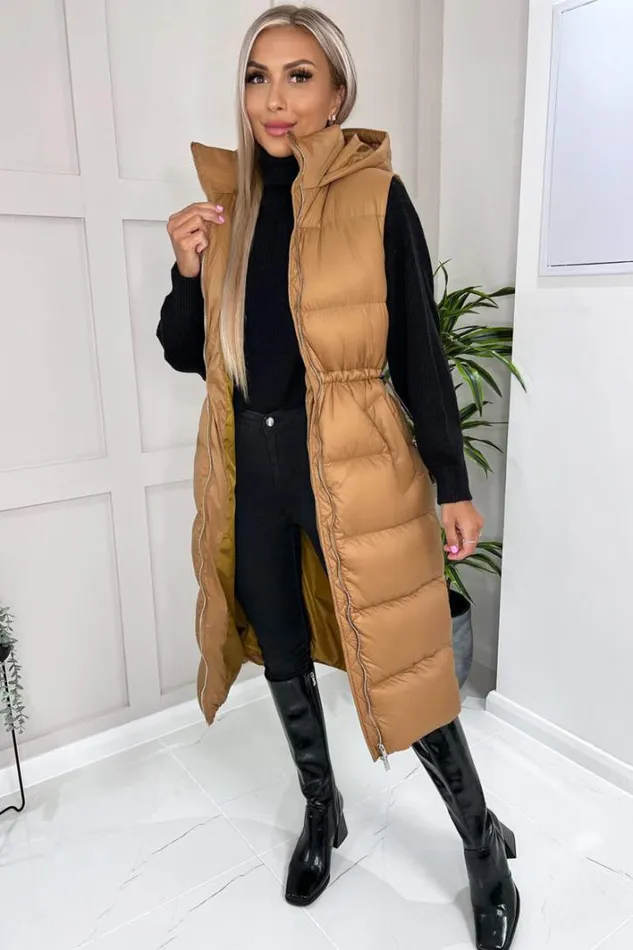 AX Paris Camel Drawstring Waist Puffer Gilet Coats and Jackets