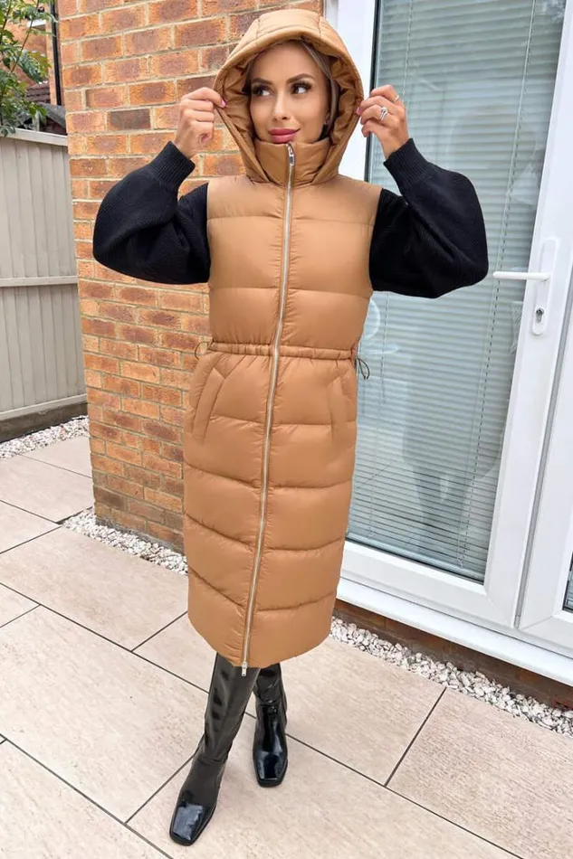 AX Paris Camel Drawstring Waist Puffer Gilet Coats and Jackets