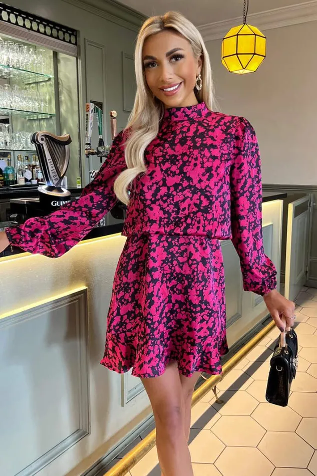 AX Paris Cerise And Black Printed High Neck Skater Dress Dresses