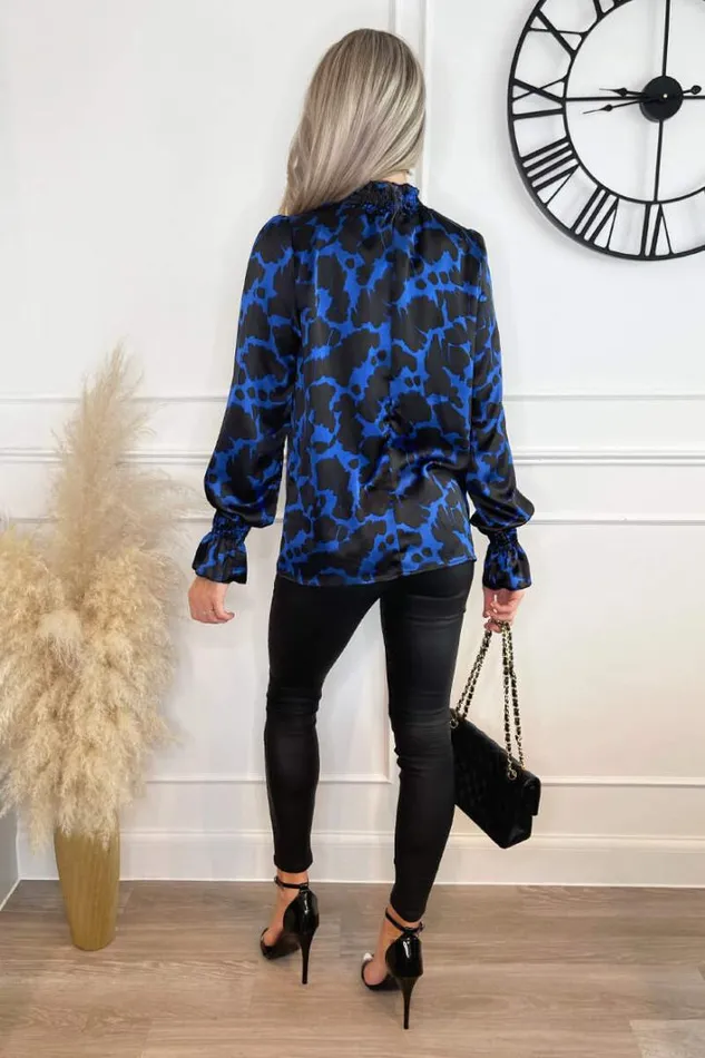 AX Paris Cobalt And Black Printed Shirred High Neck Long Sleeve Top Tops