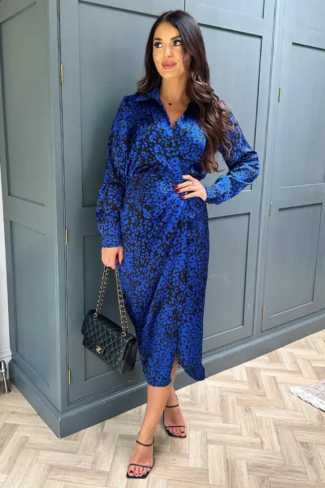 AX Paris Cobalt Animal Print Collared Midi Dress Dresses