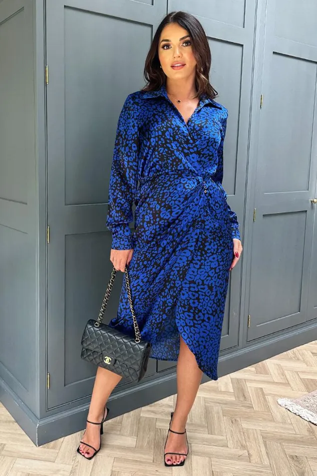 AX Paris Cobalt Animal Print Collared Midi Dress Dresses