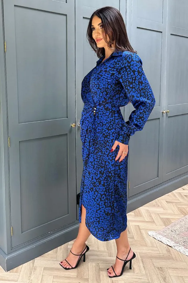 AX Paris Cobalt Animal Print Collared Midi Dress Dresses
