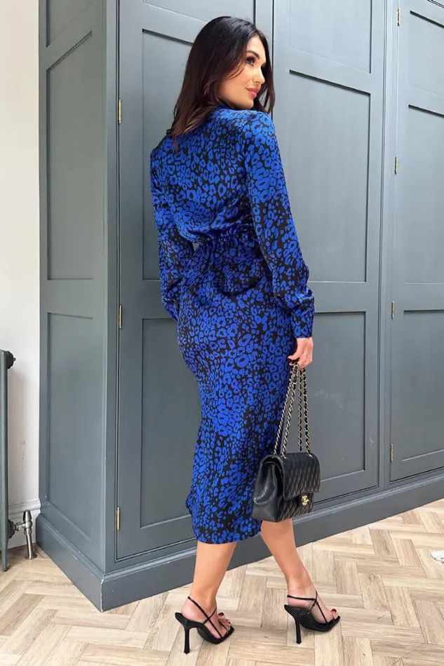 AX Paris Cobalt Animal Print Collared Midi Dress Dresses
