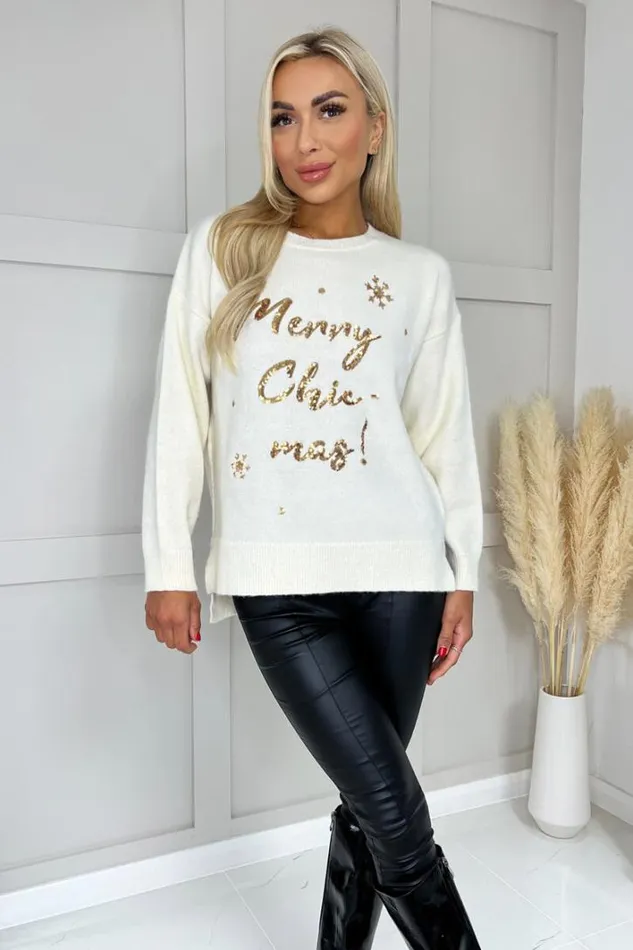 AX Paris Cream Merry Chicmas Sequin Knit Jumper Knitwear