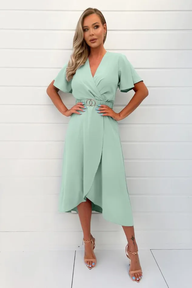 AX Paris Duck Egg Short Sleeve Belted Wrap Midi Dress Dresses