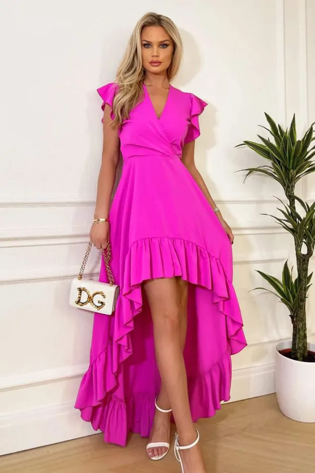 AX Paris Hot Pink High Low Frill Hem V Neck Midi Dress Dresses