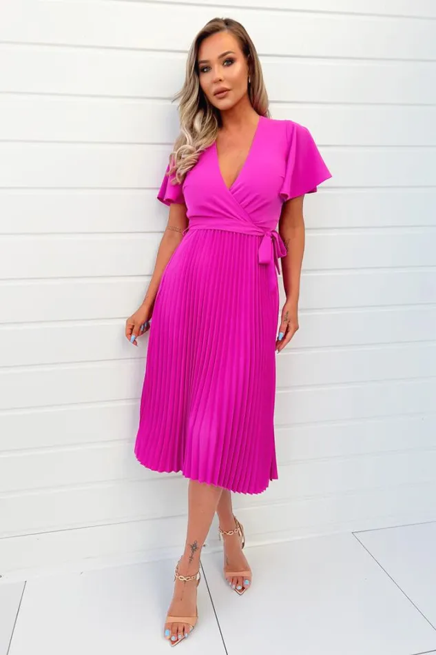 AX Paris Hot Pink Pleated Midi Dress With Tie Waist Dresses