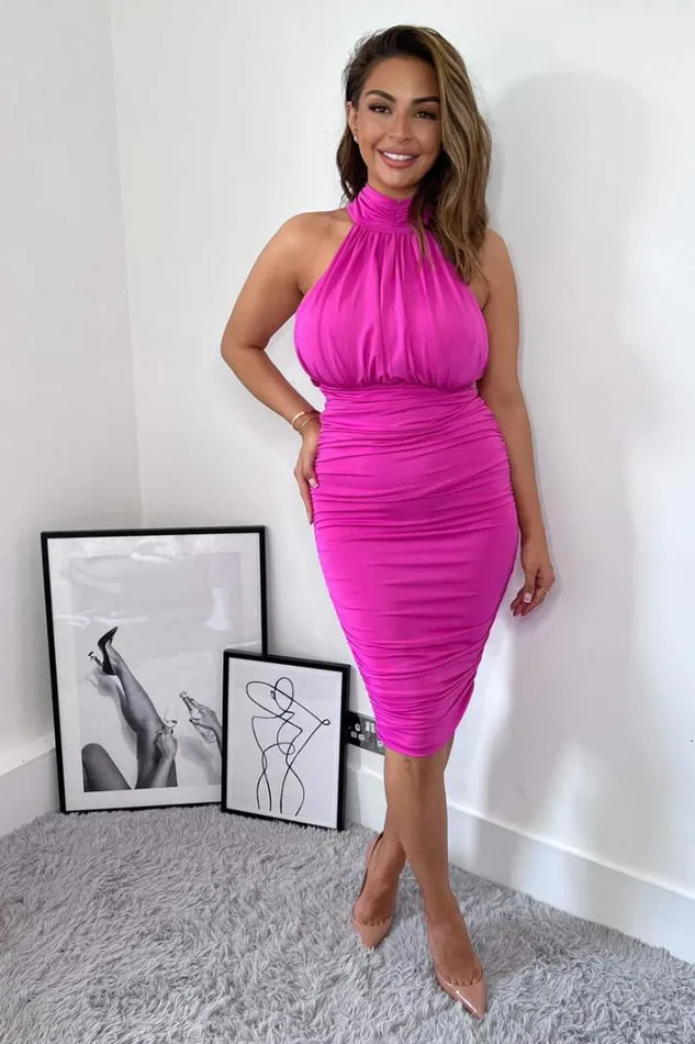 AX Paris Hot Pink Ruched High Neck Midi Dress Dresses