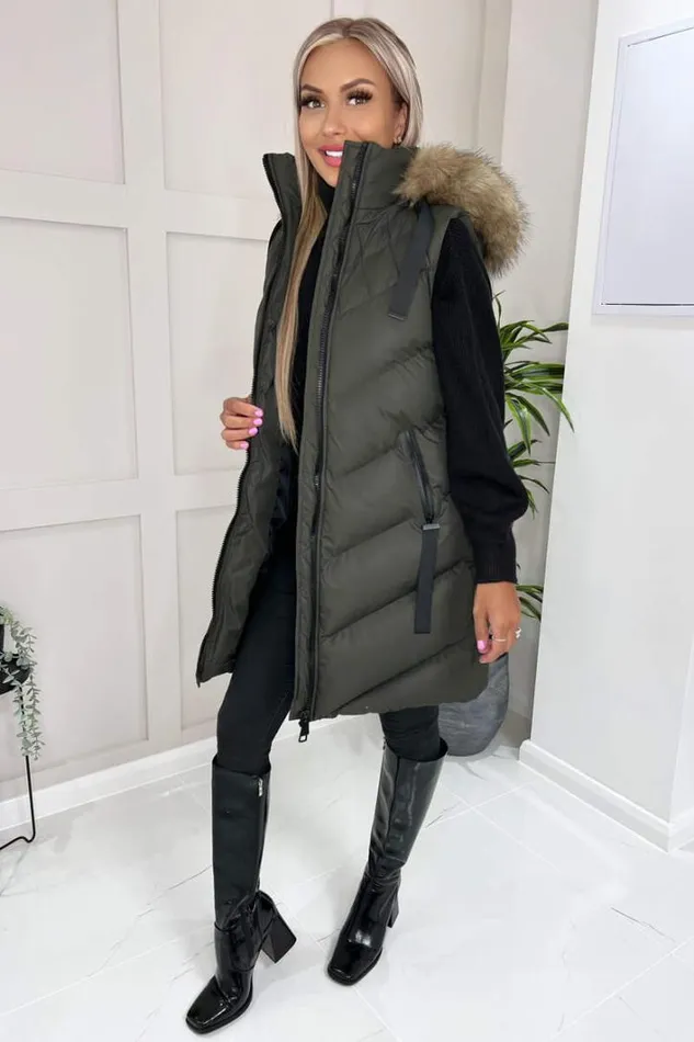 AX Paris Khaki Faux Fur Hooded Gilet Coats and Jackets