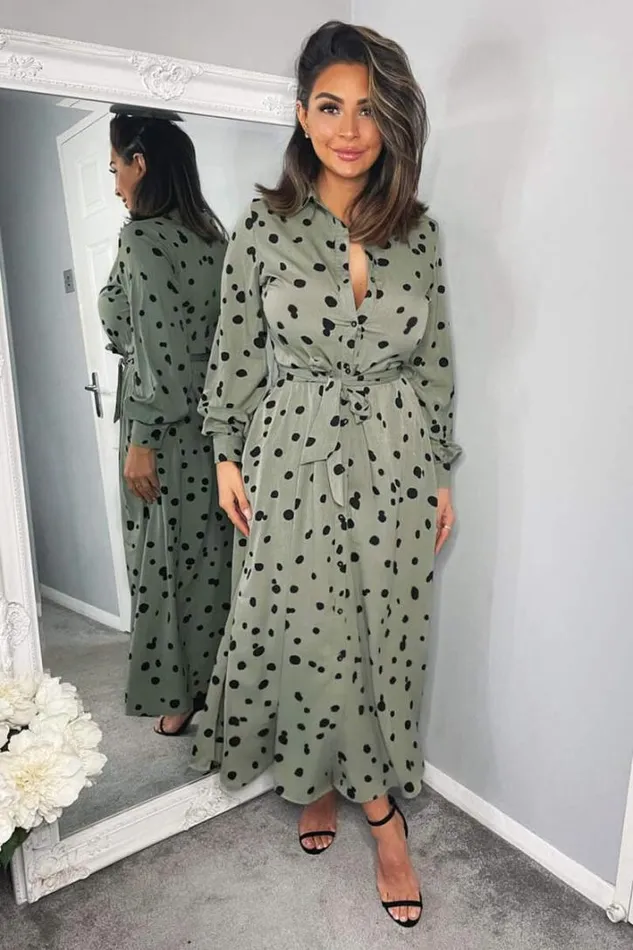 AX Paris Khaki Printed Button Up Midi Shirt Dress Dresses