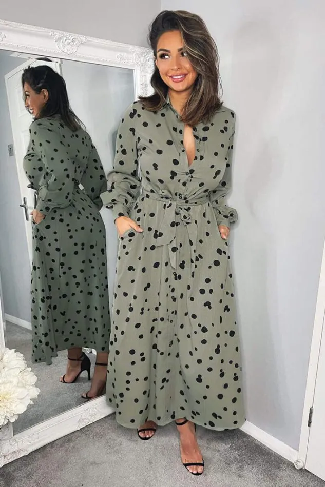 AX Paris Khaki Printed Button Up Midi Shirt Dress Dresses