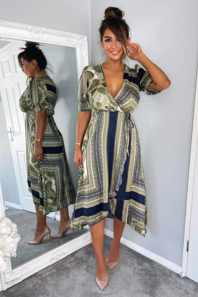 AX Paris Khaki Scarf Print Wrap Midi Dress Dresses