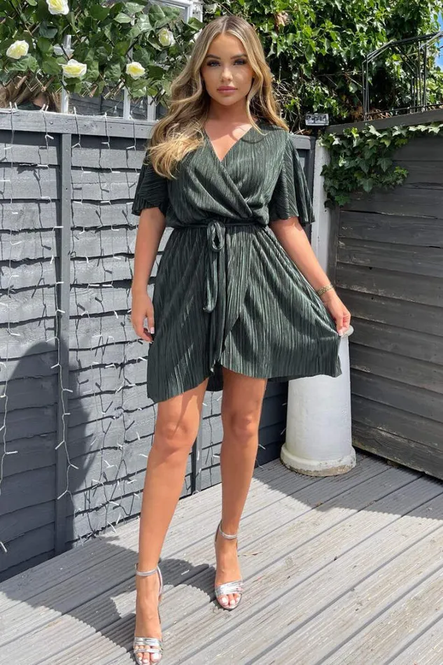 AX Paris Khaki Wrap Top Belted Short Sleeve Plisse Mini Dress Dresses