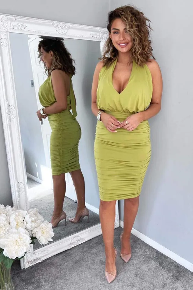 AX Paris Lime Halter Tie Neck Ruched Midi Bodycon Dress Dresses