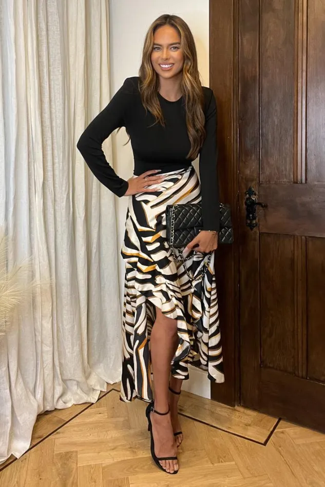 AX Paris Multi Printed 2 In 1 Long Sleeve Double Frill Split Midi Dress Dresses