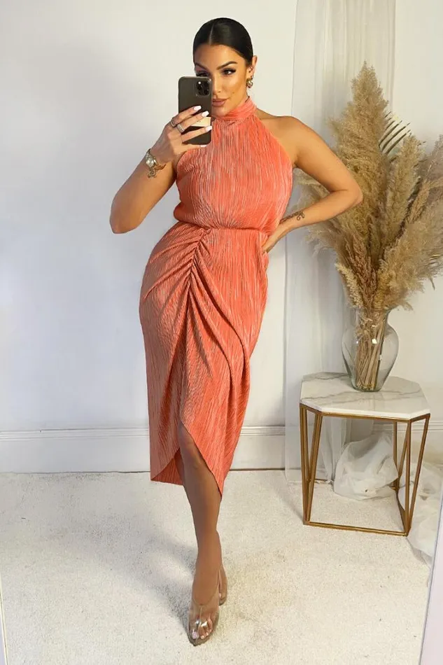 AX Paris Peach Halter Neck Plisse Gathered Midi Dress Dresses