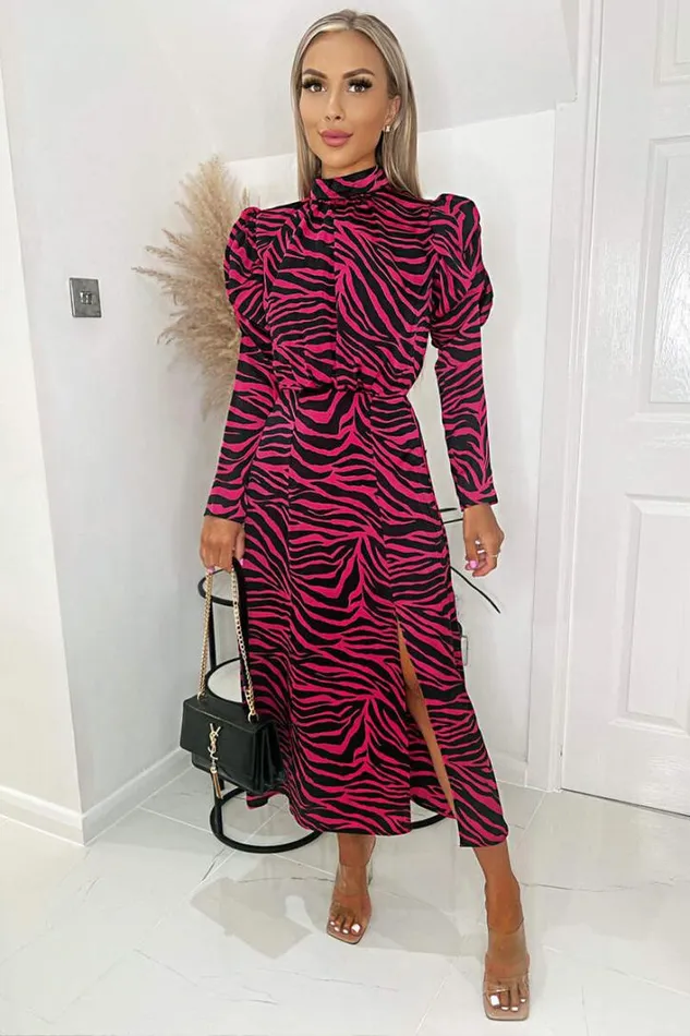 AX Paris Pink Zebra Print Long Puff Sleeve Midi Dress Dresses