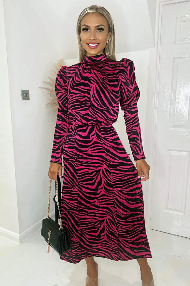 AX Paris Pink Zebra Print Long Puff Sleeve Midi Dress Dresses