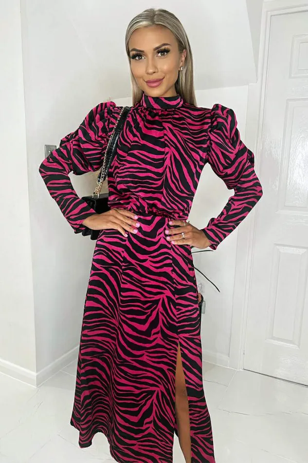 AX Paris Pink Zebra Print Long Puff Sleeve Midi Dress Dresses