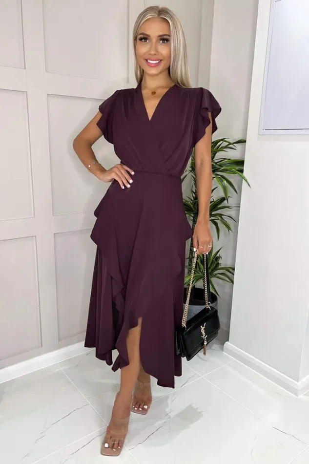 AX Paris Plum Frill Detail Double Split Skirt Midi Dress Dresses
