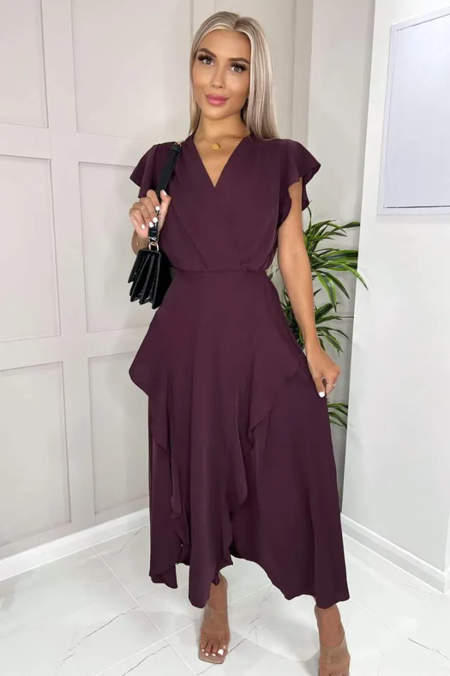 AX Paris Plum Frill Detail Double Split Skirt Midi Dress Dresses
