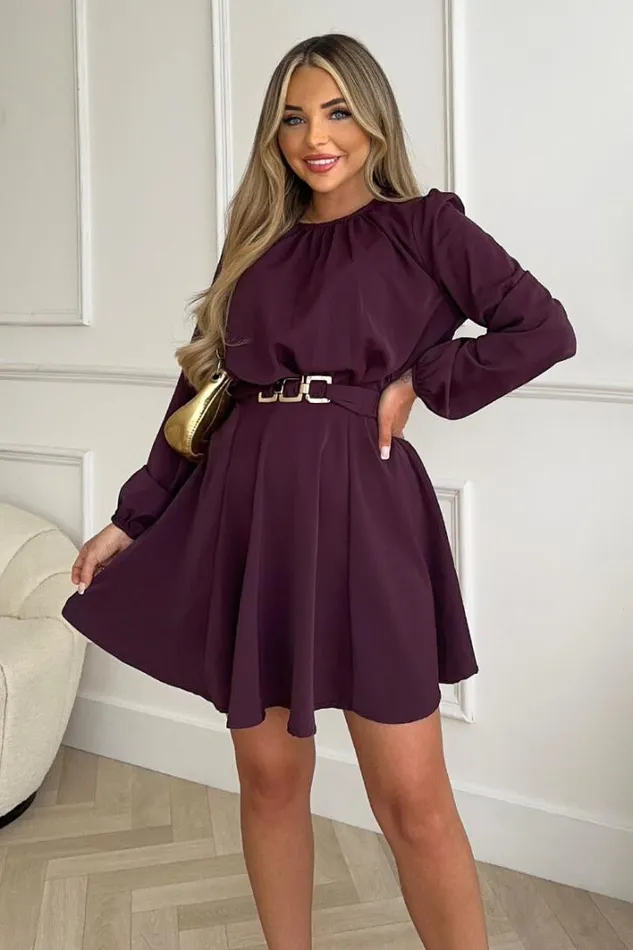 AX Paris Plum Long Sleeve Belted Skater Dress Dresses