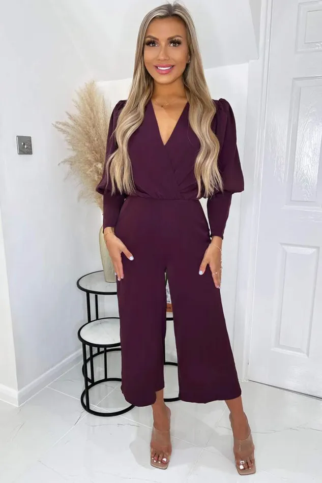 AX Paris Plum Wrap Top Long Sleeve Culotte Jumpsuit Jumpsuits And Playsuits