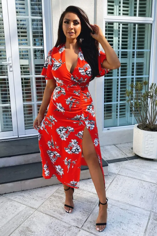 AX Paris Red Floral Print Bell Sleeve Midi Dress Summer Dresses