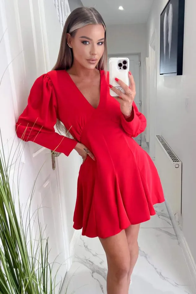 AX Paris Red VNeck Long Sleeve Skater Dress Dresses