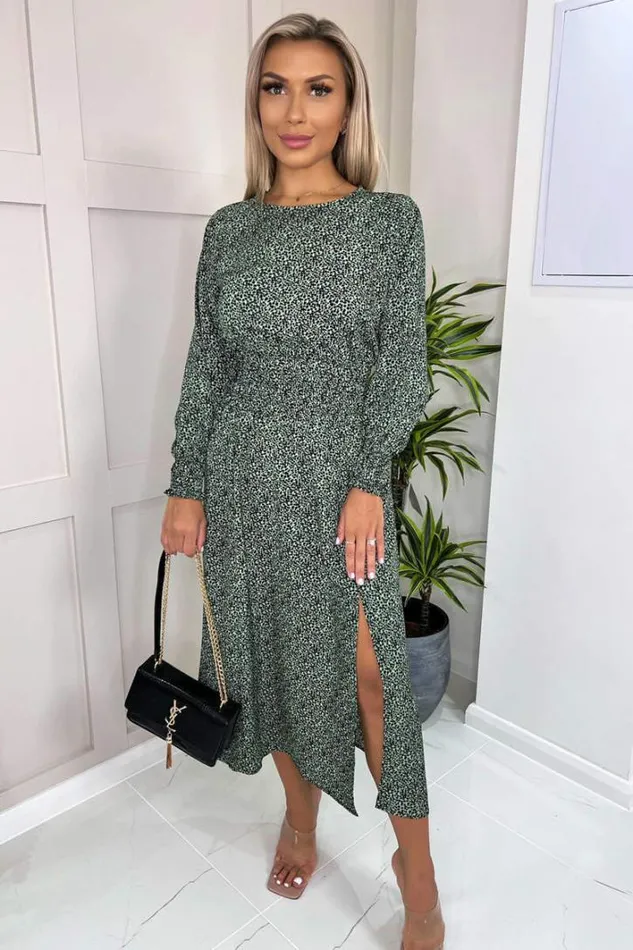 AX Paris Sage And Black Printed Elasticated Waist Midi Dress Dresses
