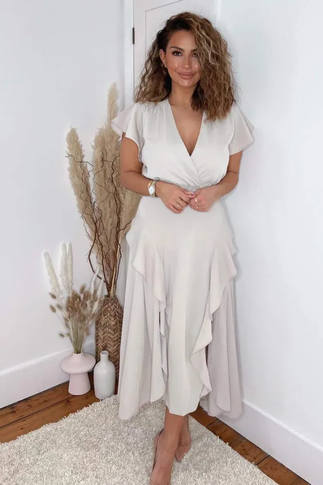 AX Paris Stone Frill Detail Double Split Skirt Midi Dress Dresses