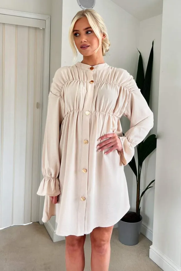 AX Paris Stone Long Sleeve Gathered Detail Button Front Dress Dresses