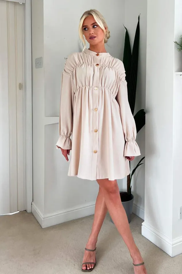 AX Paris Stone Long Sleeve Gathered Detail Button Front Dress Dresses