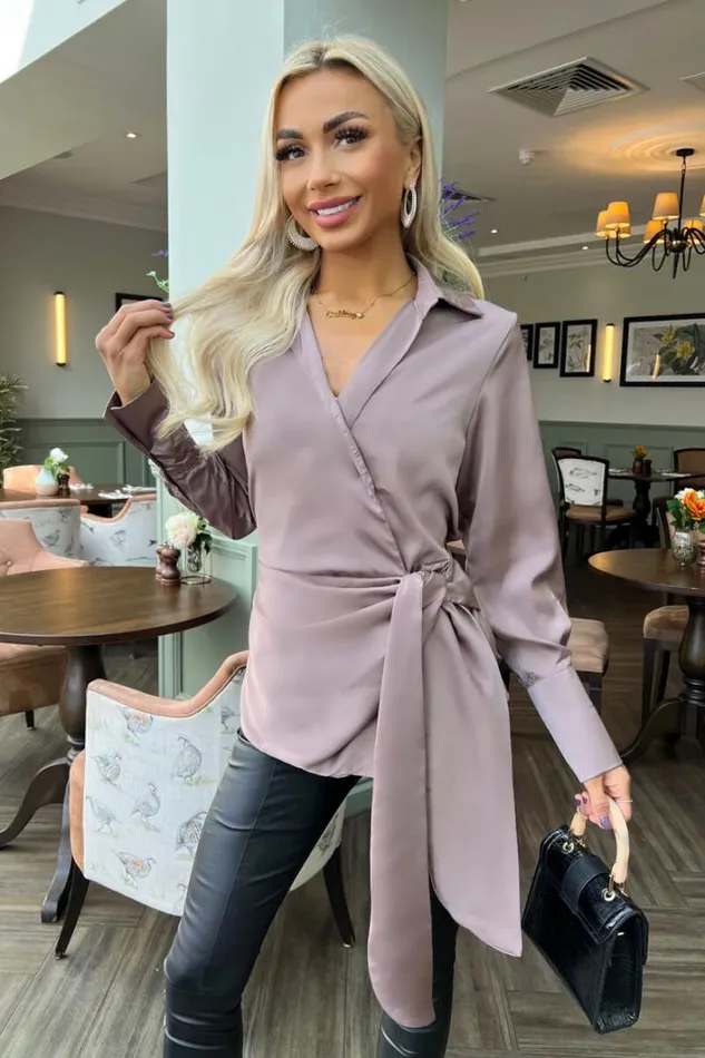 AX Paris Taupe Satin Tie Waist Wrap Shirt Tops