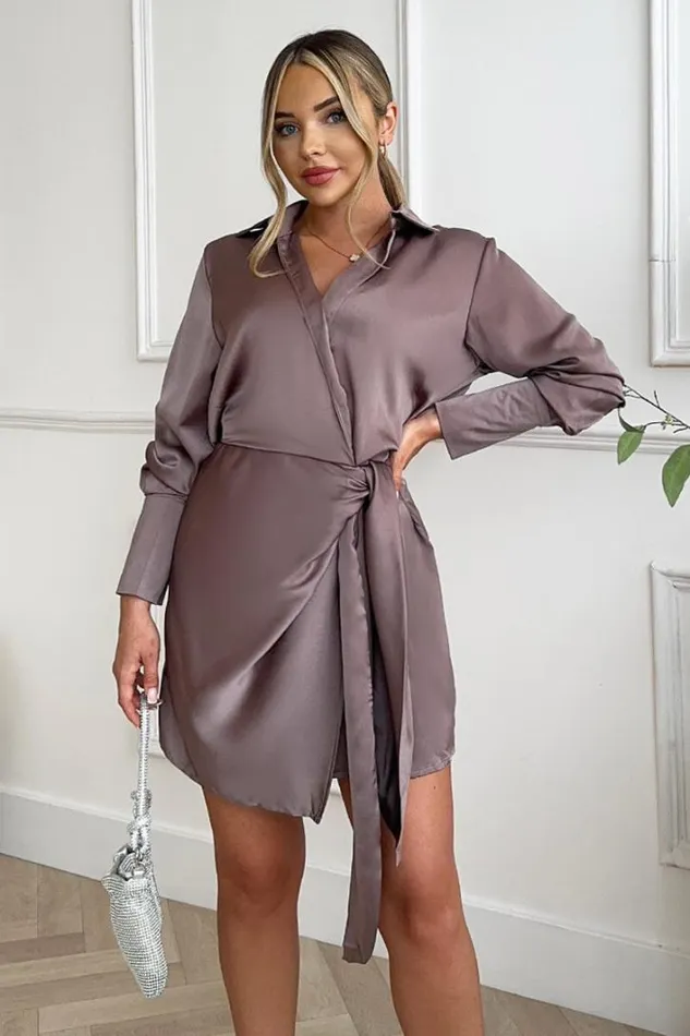AX Paris Taupe Satin Wrap Long Sleeve Mini Dress Dresses