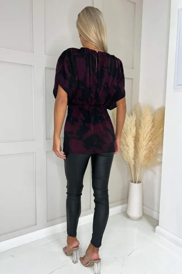AX Paris Wine And Black Ruched Shoulder Batwing Top Tops