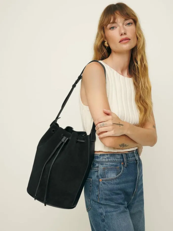 Bags The Reformation Medium Ornellia Bucket Bag Black Suede