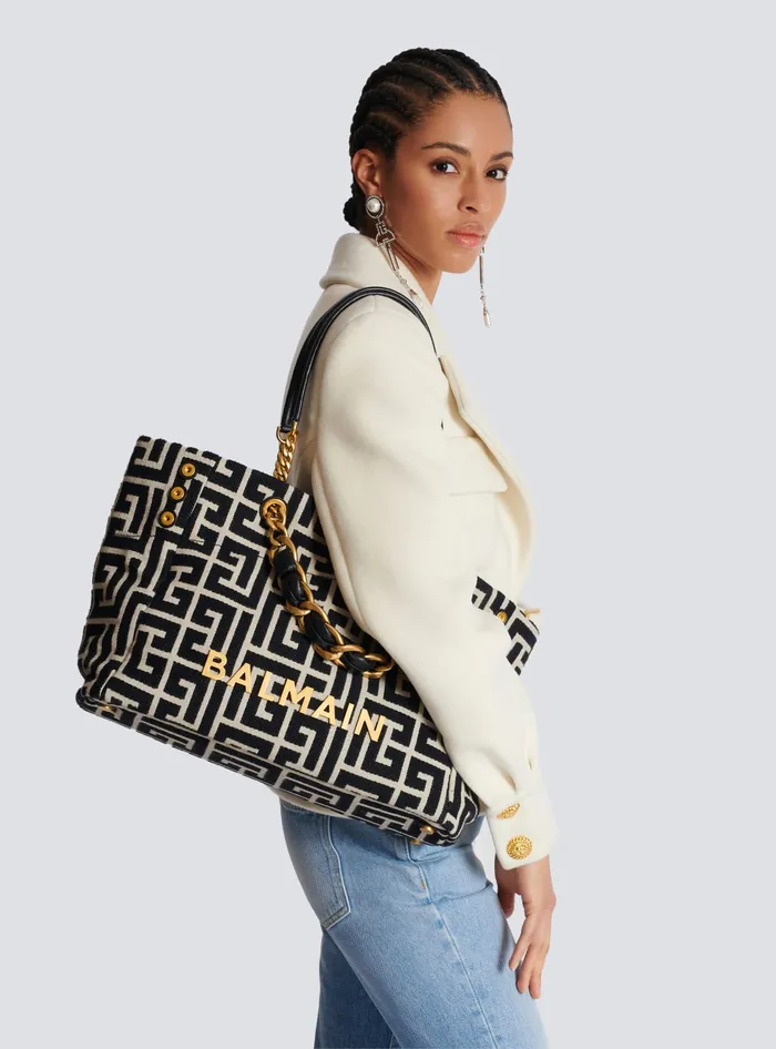 Balmain Handbags Women 1945 Soft Tote Bag In Jacquard Fabric With Monogram Black