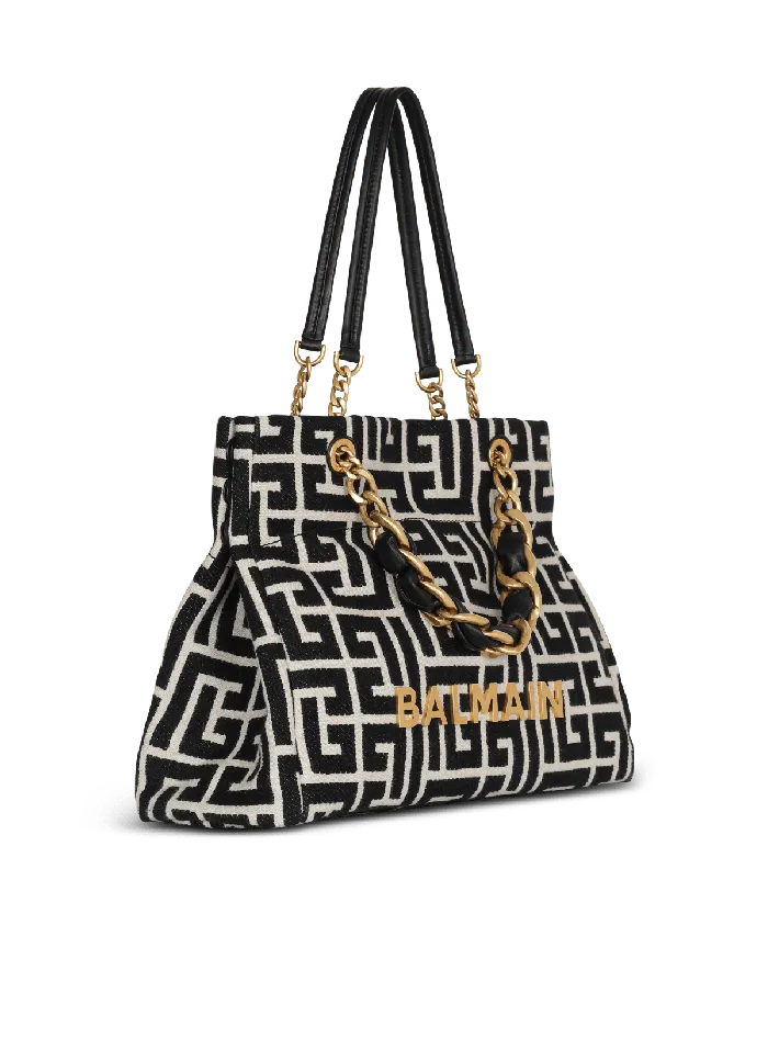 Balmain Handbags Women 1945 Soft Tote Bag In Jacquard Fabric With Monogram Black