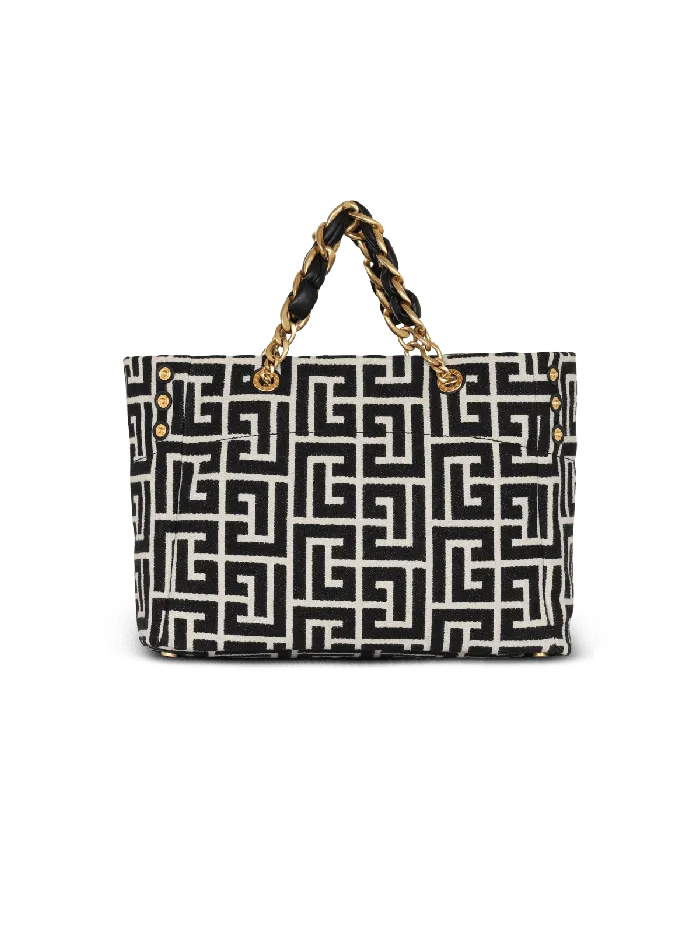Balmain Handbags Women 1945 Soft Tote Bag In Jacquard Fabric With Monogram Black
