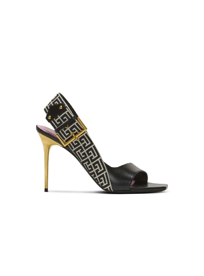 Balmain High Heels and Pumps Women Ruby Sandals In Calfskin And PB Labyrinth Canvas Black