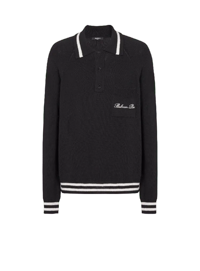 Balmain Knitwear Men Longsleeved Wool Polo Shirt With Embroidery Black