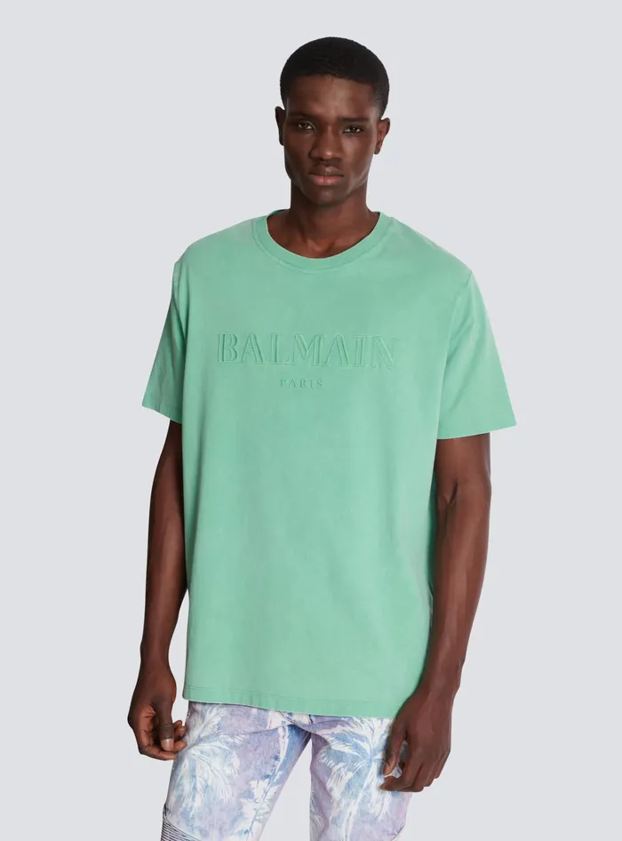 Balmain TShirts Men Loose Tshirt With Vintage Embroidery Green