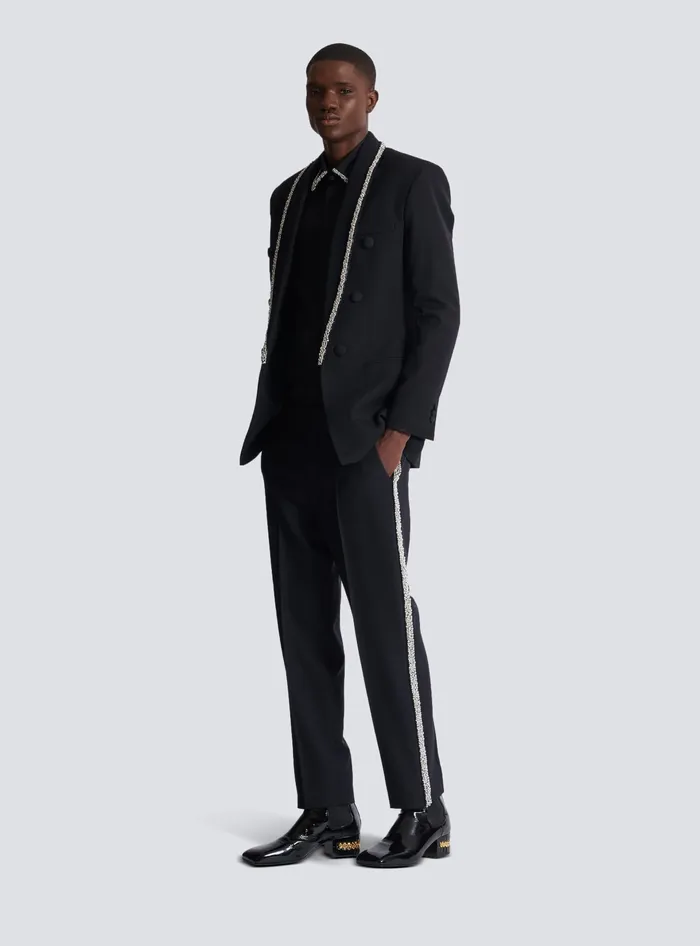 Balmain Trousers And Shorts Men Embroidered Grain De Poudre Trousers Black