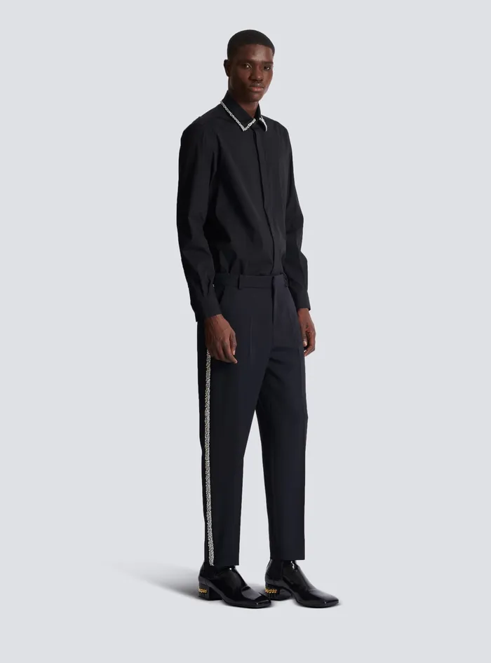 Balmain Trousers And Shorts Men Embroidered Grain De Poudre Trousers Black